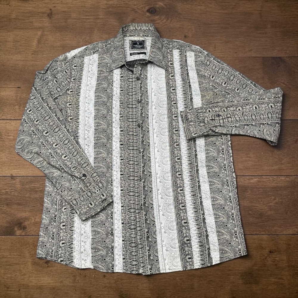 Vintage‎ Y2K Marc Ecko Cut & Sew Mens (L) Paisley Striped Shirt Grey White